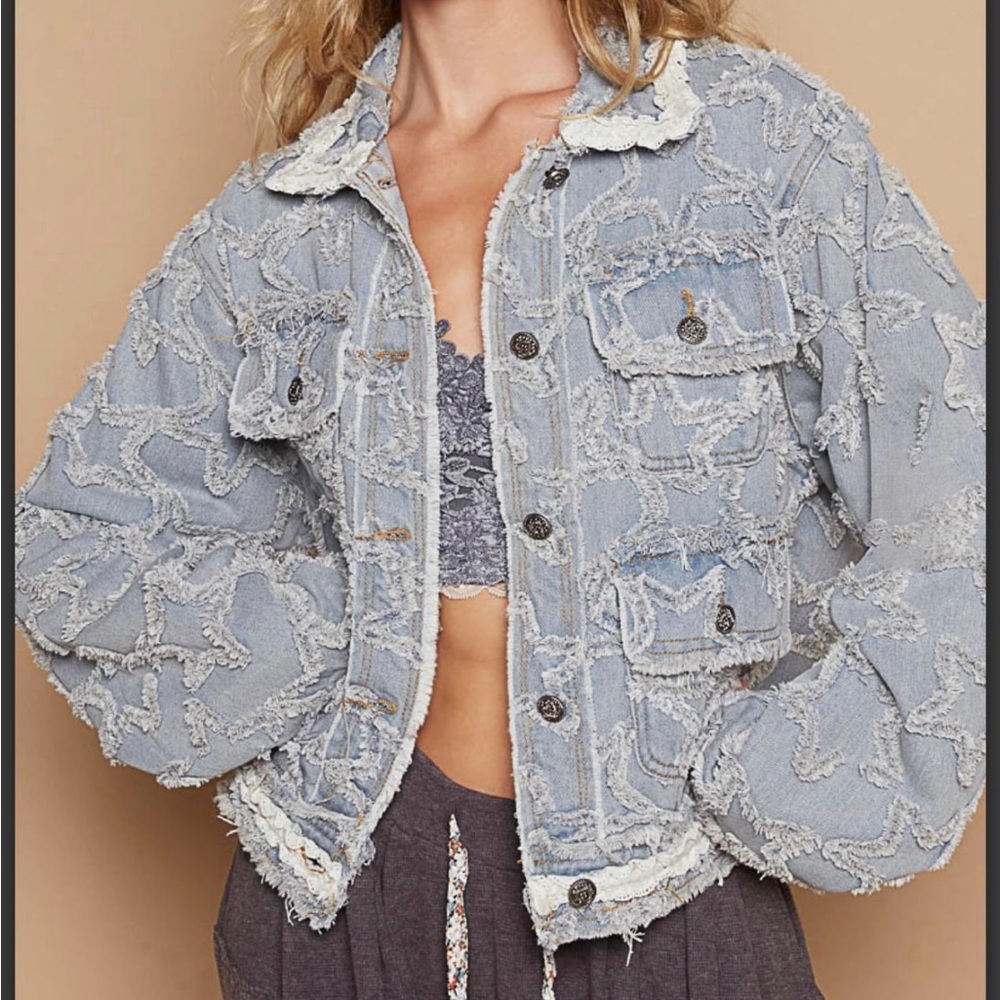 POL Star Embroidered Distressed Denim Jacket